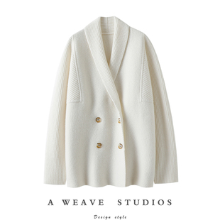 启超原版!气质加身~白色廓形双排扣100%纯山羊绒开衫女外套毛衣