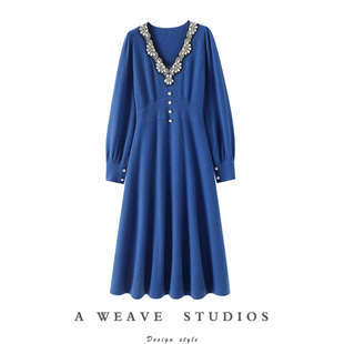 官方正品!party小礼裙~V领闪钻100%纯羊绒连衣裙子女长款针织衫