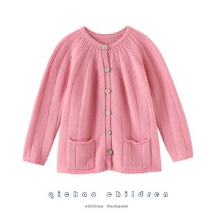 臭美一整天~加厚儿童纯羊绒衫圆领宽松坑条羊绒开衫针织外套新款