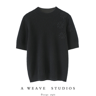 舒服即正道~手工绣花圆领100%纯山羊绒短袖女纯羊绒毛衣针织衫