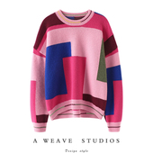 女纯羊绒毛衣套头针织衫 穿去看画展 大色块加厚羊绒衫 宽松拼色