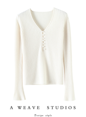 启超朝暮来信！好穿V领100%纯羊绒针织开衫女喇叭袖秋冬季毛衣