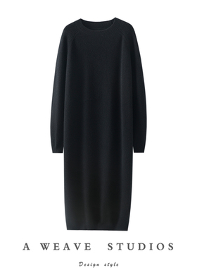 上身太棒了！纸片人100%纯山羊绒衫女圆领长款毛衣连衣裙子加厚