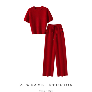 又一次赢麻！加厚圆领100%纯山羊绒衫女短袖毛衣针织直筒阔腿裤