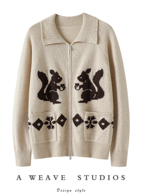 傍晚散步！日系松鼠~加厚100%纯山羊绒开衫女针织拉链开衫秋冬季