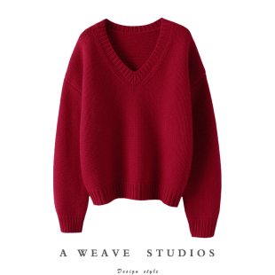 宽松秋冬 女纯羊绒毛衣针织衫 南法气质 重磅加厚粗棒针V领山羊绒衫