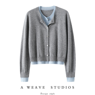 穿出高定气场 女圆领纯羊绒毛衣拼色秋冬 假两件100%纯山羊绒开衫