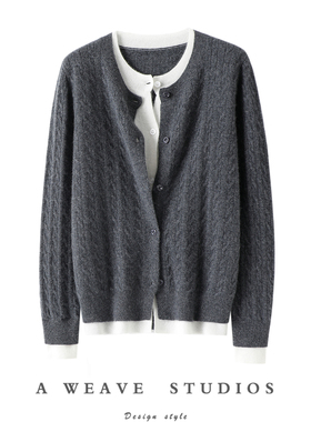 美！心驰神往~假两件圆领100%纯山羊绒开衫女纯羊绒毛衣针织外套