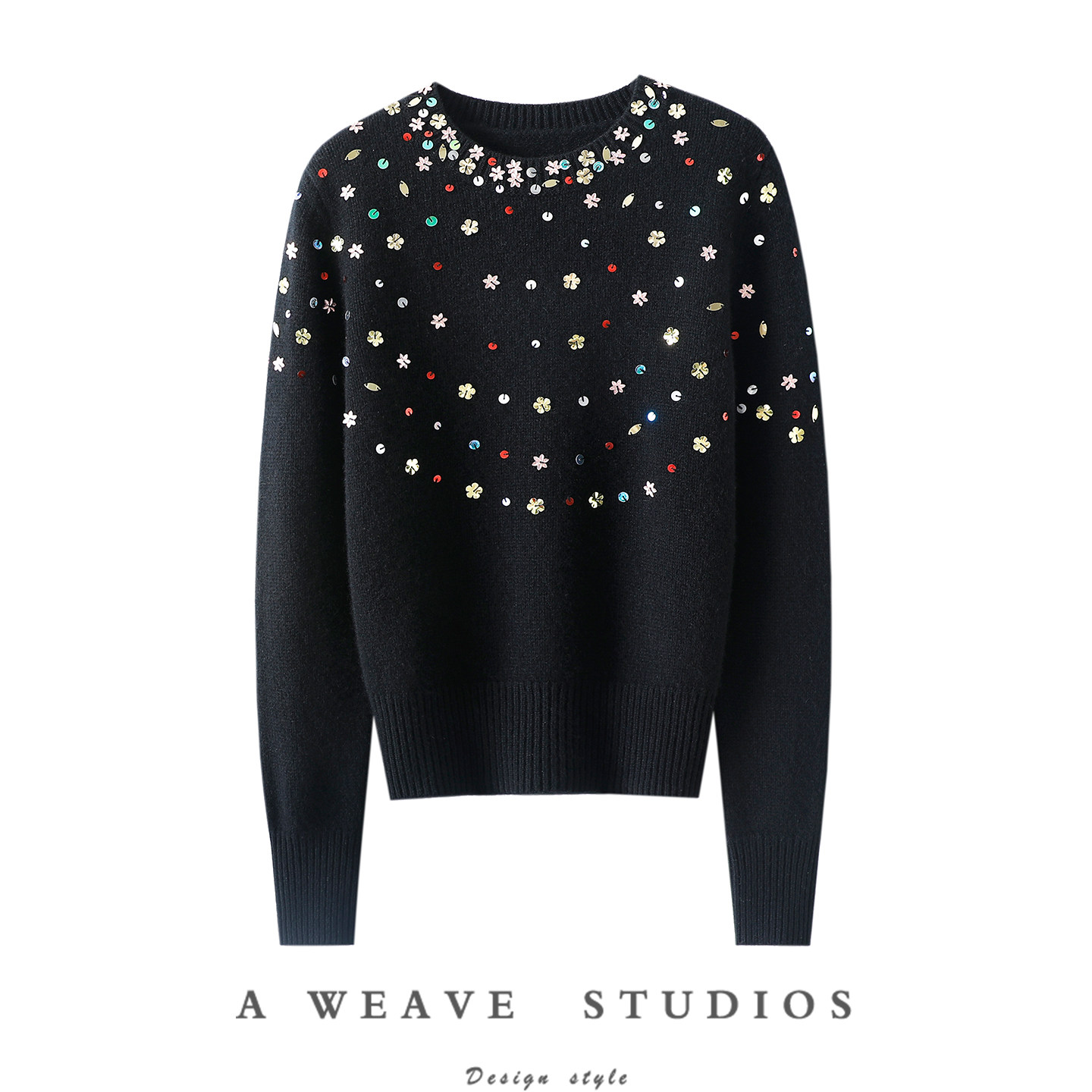 繁花似锦！纯手工钉片加厚100%纯山羊绒衫女圆领纯羊绒毛衣秋冬季,女装/女士精品,羊绒衫,淘宝优惠券,粉丝福利购,淘宝优惠卷