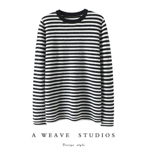 瞬变气质王~条纹圆领羊绒衫女纯羊绒毛衣针织打底衫宽松秋冬加厚