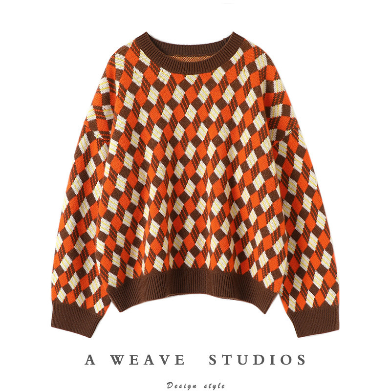 颜值担当~桔色菱格提花廓形纯山羊绒衫女加厚套头羊绒毛衣宽松,女装/女士精品,羊绒衫,淘宝优惠券,粉丝福利购,淘宝优惠卷