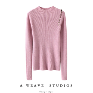 秋冬 女纯羊绒毛衣针织打底衫 太显气质了 肩部排扣半高领山羊绒衫