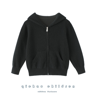 实用好穿~儿童连帽羊绒开衫男童女童纯山羊绒毛衣宽松针织外套