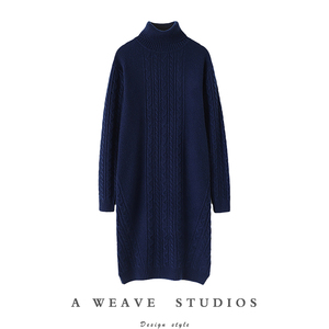 俘获你的心！加厚高领羊绒衫女中长款过膝纯羊绒毛衣女开叉连衣裙