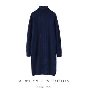 俘获你的心！加厚高领羊绒衫女中长款过膝纯羊绒毛衣女开叉连衣裙