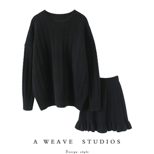 成为焦点！绞花加厚山羊绒衫100纯羊绒女圆领短裙羊绒套装秋冬