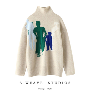 调性爆好看!!抽象阔袖开叉高领羊绒衫女纯羊绒毛衣宽松加厚冬