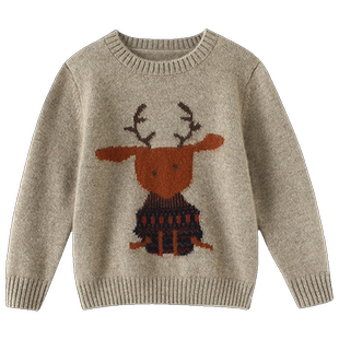 悠悠梅花鹿提花~加厚儿童羊绒衫圆领男女童纯羊绒毛衣中大童新款