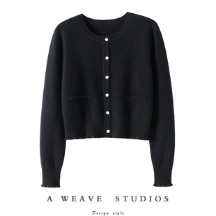 纯羊绒毛衣针织小开衫 漫步街头 女短款 圆领100%纯山羊绒开衫 美