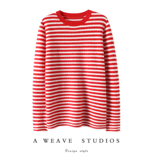 玩转色彩~条纹圆领羊绒衫女纯羊绒毛衣针织打底衫宽松秋冬加厚