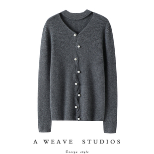 设计感小心机~挂脖V领100%纯山羊绒开衫女纯羊绒毛衣针织开衫外套