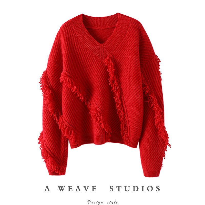 气质底蕴！坑条流苏重磅加厚V领山羊绒衫女纯羊绒毛衣针织衫宽松,女装/女士精品,羊绒衫,淘宝优惠券,粉丝福利购,淘宝优惠卷