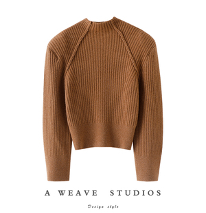 宽松 女半高领纯羊绒毛衣针织衫 复古廓形垫肩造型 加厚纯山羊绒衫