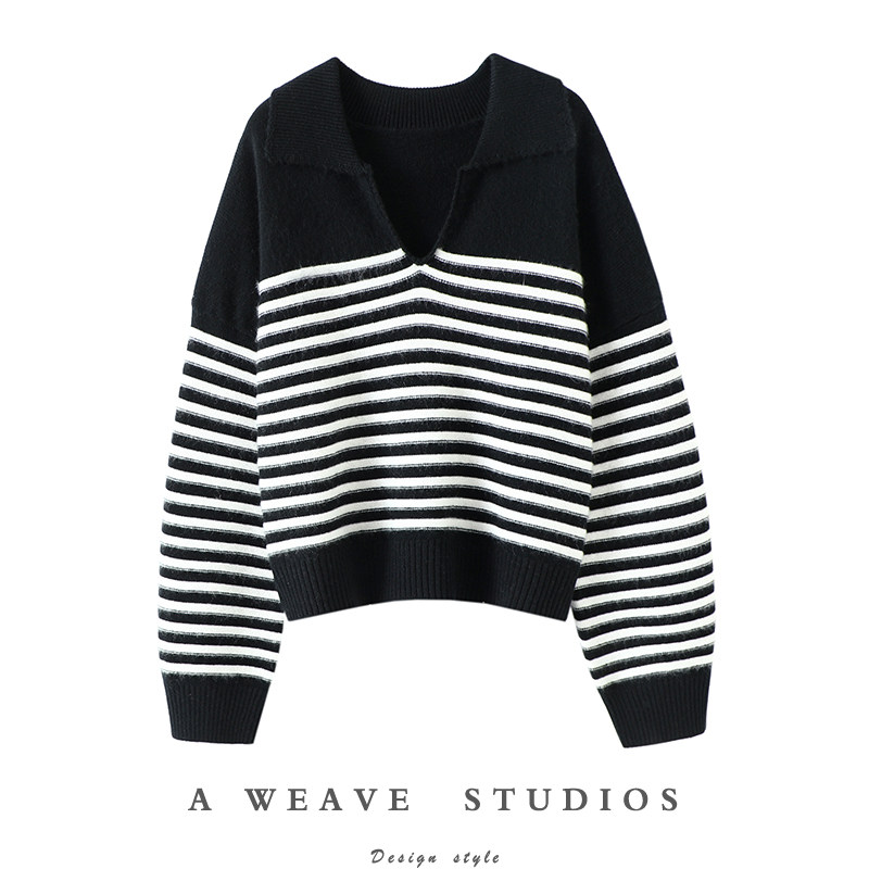 启超时光暖暖！优雅条纹100%纯山羊绒衫女V领小翻领慵懒风加厚,女装/女士精品,羊绒衫,淘宝优惠券,粉丝福利购,淘宝优惠卷