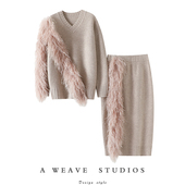 心有山海 加厚 女V领半身裙套装 900克 高定鸵鸟毛100%纯山羊绒衫