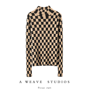 个性鲜明！棋盘格高领羊绒衫女纯羊绒毛衣修身针织打底衫秋冬穿搭