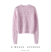 女圆领纯羊绒毛衣针织衫 优雅 重工镂空钩花内搭外穿山羊绒衫 秋冬