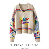 一眼相中 加厚100%纯山羊绒衫 女翻领彩虹飞马提花宽松毛衣秋冬