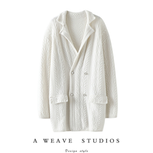 女纯羊绒毛衣针织开衫 羊绒开衫 外套厚 绞花珍珠扣西装 贵气逼人