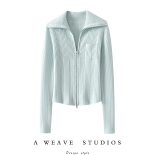 女纯羊绒毛衣针织外套 翻领100%纯山羊绒拉链开衫 哇 感如设计