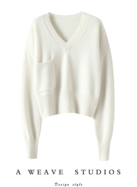 上身明星范！加厚V领羊绒衫女口袋纯羊绒毛衣套头短款针织衫宽松