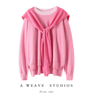 启超〓绒+〓粉色条纹可拆卸披肩廓形羊绒衫女纯羊绒毛衣2023秋冬