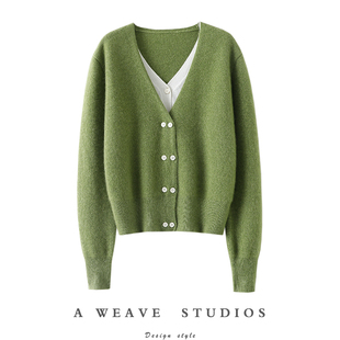 启超官方正品!双V领纯山羊绒开衫女纯羊绒毛衣针织开衫外套秋冬