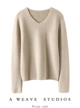 穿搭很抬气！气质反针~V领羊绒衫女纯羊绒毛衣套头针织打底衫秋冬