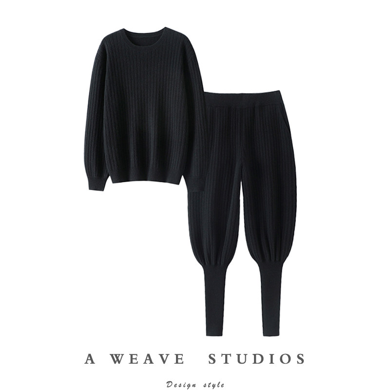 上身效果简直了！！圆领100%纯羊绒衫女毛衣针织羊绒裤子外穿套装