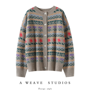 外套 女纯羊绒毛衣开衫 配色好到尖叫 加厚圆领100%纯山羊绒开衫