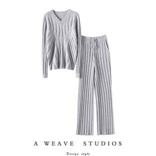 启超看见果断收！！加厚V领羊绒衫女套装纯羊绒裤子女直筒裤冬