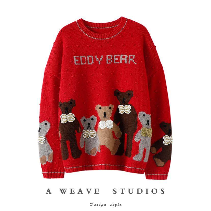 气质有点甜~加厚100%纯山羊绒衫女重工字母小熊圆领宽松羊绒毛衣,女装/女士精品,羊绒衫,淘宝优惠券,粉丝福利购,淘宝优惠卷