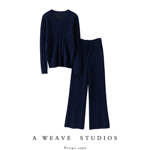 赞！难得一见！！加厚V领羊绒衫女套装纯羊绒裤子女直筒裤两件套