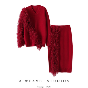 女V领半身裙套装 高定鸵鸟毛100%纯山羊绒衫 加厚 900克 孤傲优雅