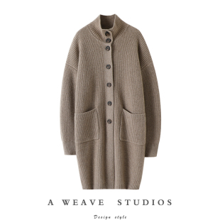 宽松针织开衫 立领中长款 外套 加厚100%纯山羊绒衫 梨形通勤心头爱
