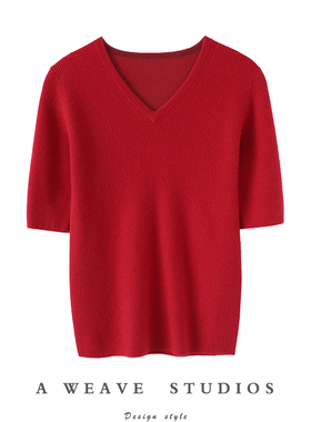 贴身太舒服了！十里柔情~精纺V领羊绒短袖女纯羊绒毛衣针织打底衫