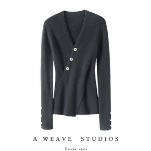 启超艺术品级~V领100%纯山羊绒衫女纯羊绒毛衣针织衫修身打底衫