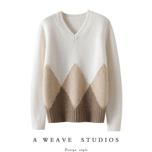 漫步街头迷人呐 女V领纯羊绒毛衣拼色宽松 粗针加厚100%纯山羊绒衫