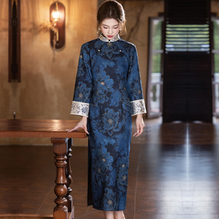 新式旗袍2025秋冬款中国风优雅气质长款黄芊竹绒复合超柔显瘦修身
