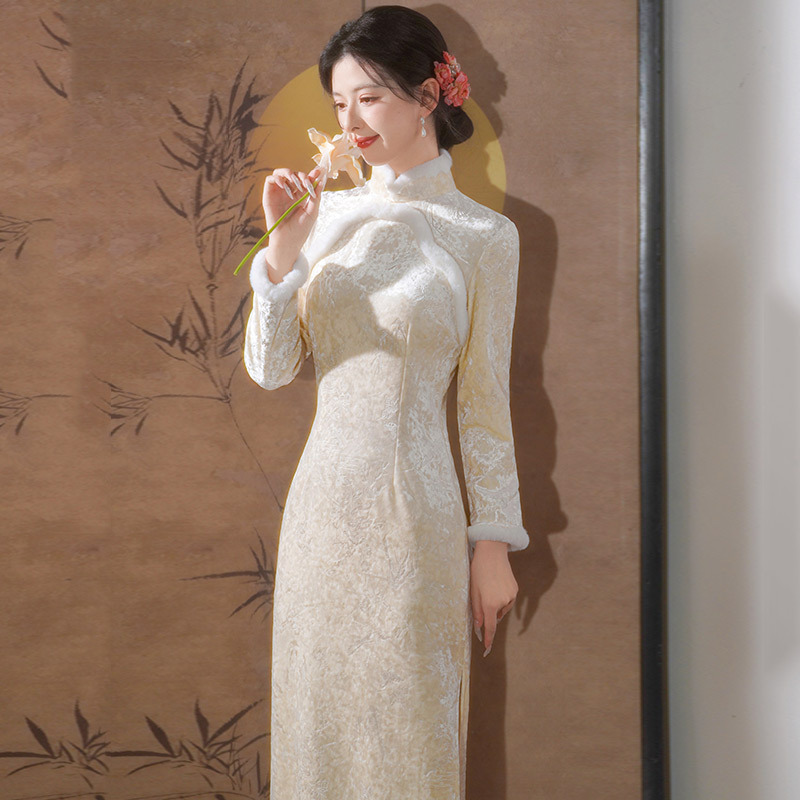 白色旗袍国风加绒加厚新中式